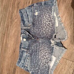 Women’s Blue Leopard-Print Denim Cutoff Shorts